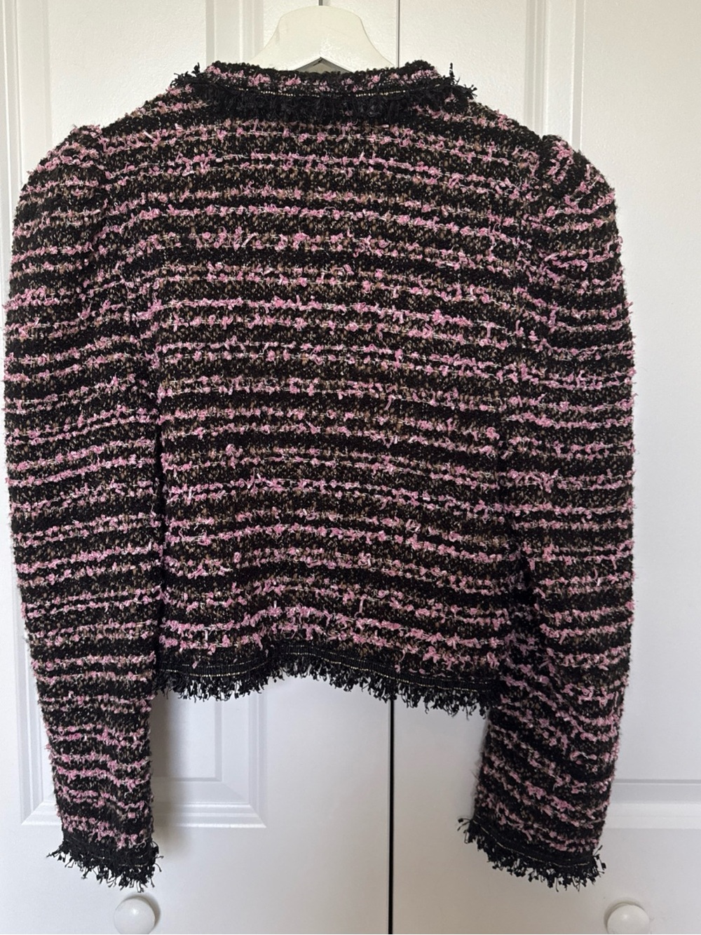 Zara Purple Tweed Jacket Pearl Buttons Size M Puff Shoulders Cropped - Picture 7 of 10